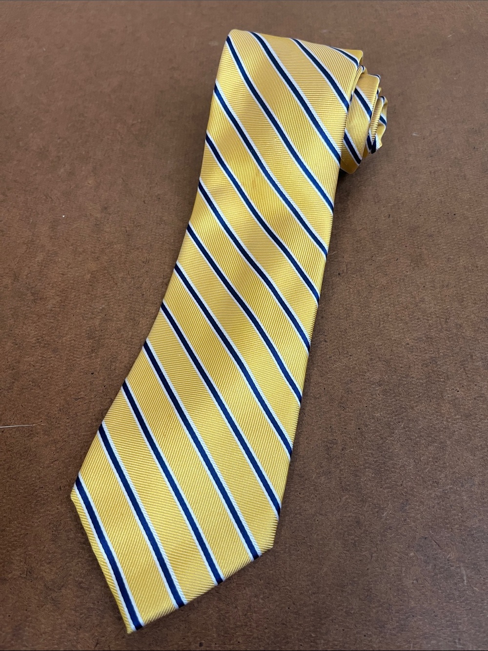 Ralph Lauren Yellow 100% Silk Handmade Tie with Blue and White Diagonals